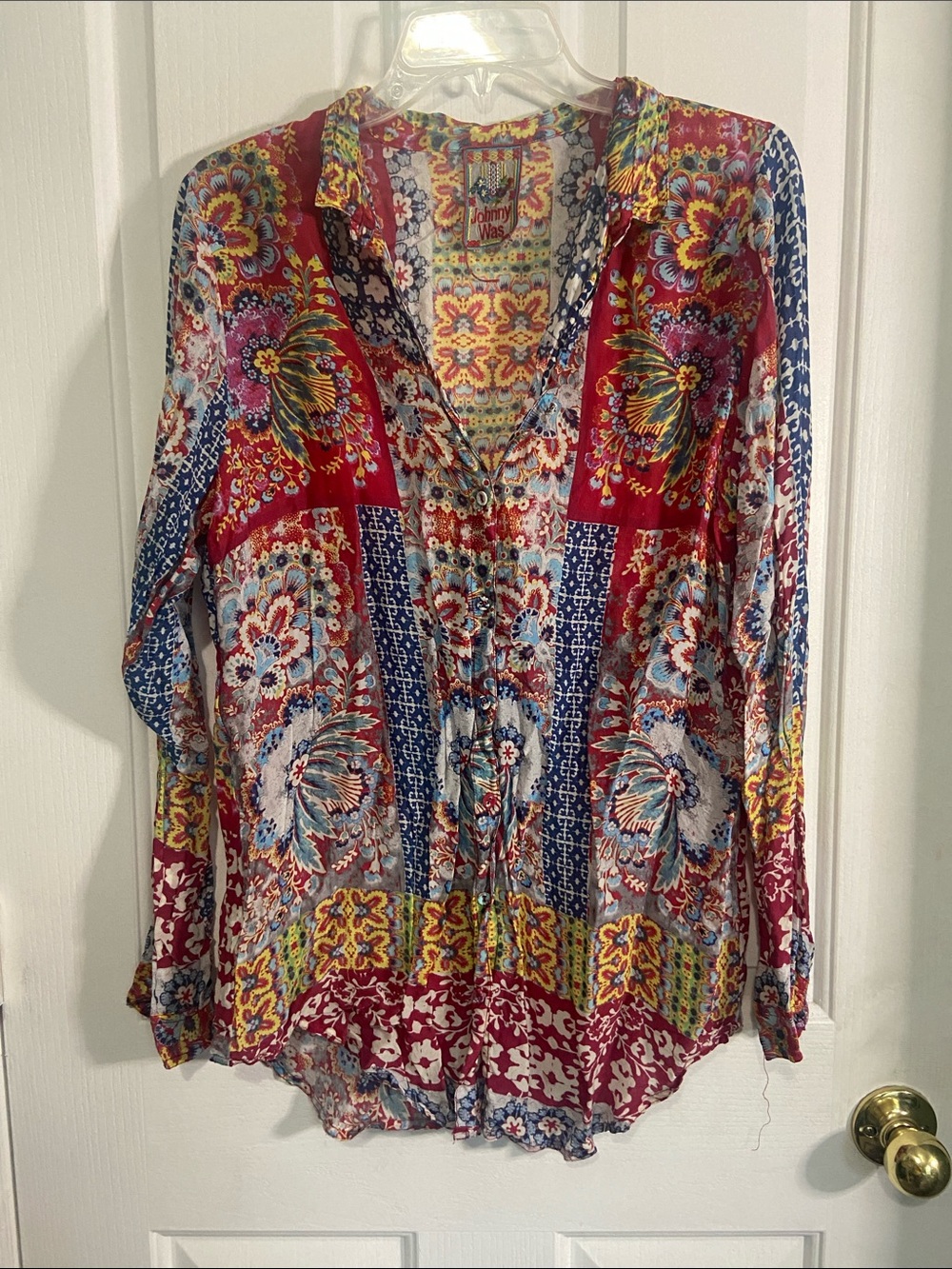 Johnny Was Red & Blue Floral Patchwork Peasant Blouse
